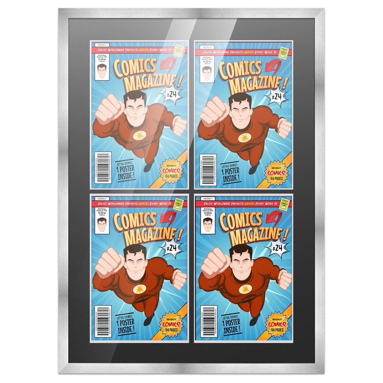 Comic Book Display Frame for Current Era Comic Published After 1985 - Silver Wood Comic Frame With Black Mat for 6.875x10.5 Comic, 18 Frame Sizes